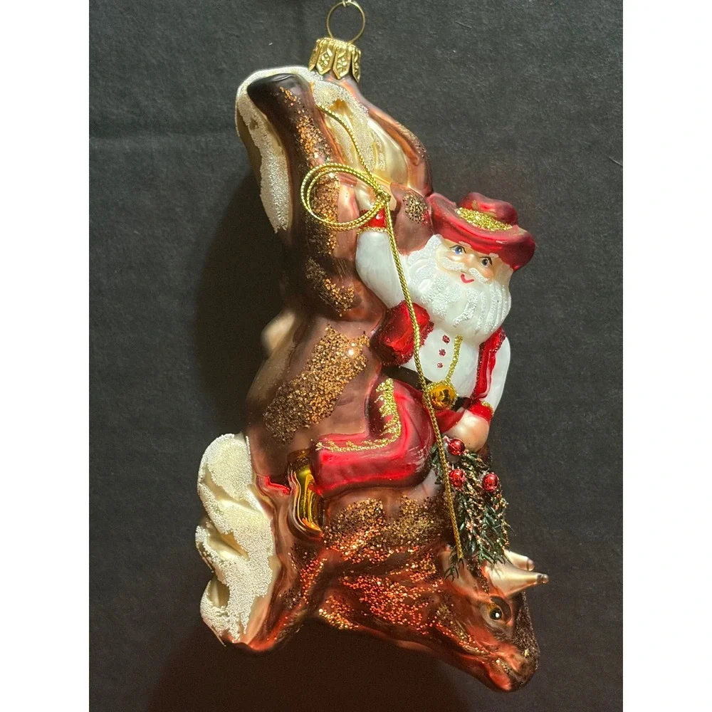 RARE Handcrafted Dillard's Trimmings Glass Ornament Santa Riding Bull Cowboy